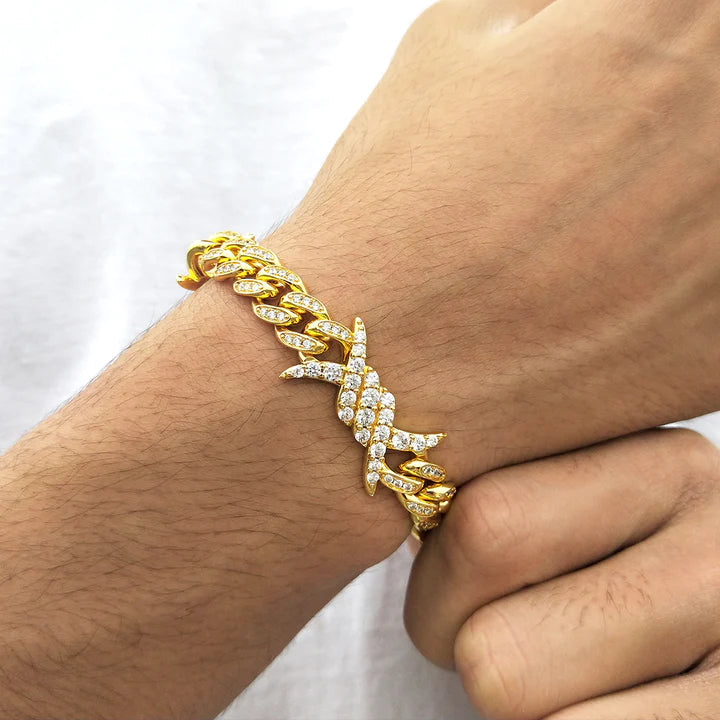 10MM 18K Gold Plated Iced Out Barb Wire Cuban Link Bracelet TRIPOD JEWELRY