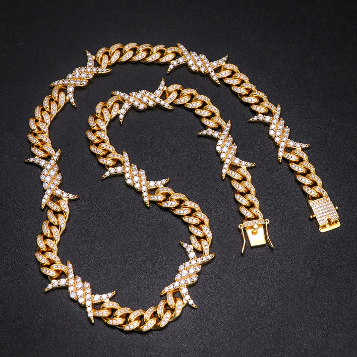 10MM 18K Gold Plated Iced Out Barb Wire Cuban Link Chain TRIPOD JEWELRY