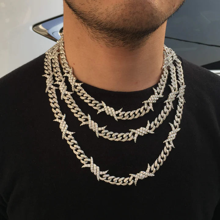 10MM White Gold Plated Iced Out Barb Wire Cuban Link Chain Hip Hop TRIPOD JEWELRY