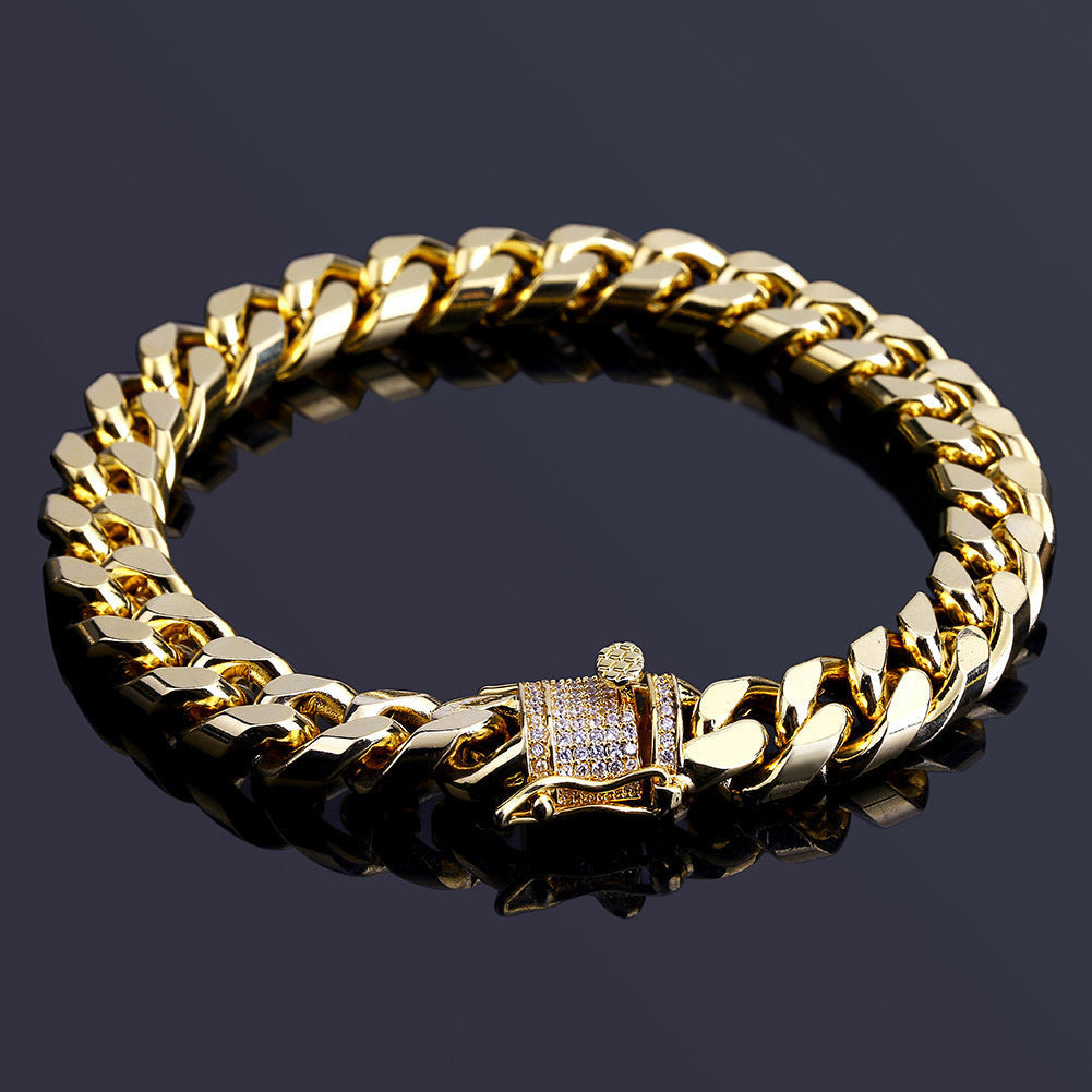 10MM 18K/White Gold Zircon Clasp Miami Cuban Link Bracelet TRIPOD JEWELRY