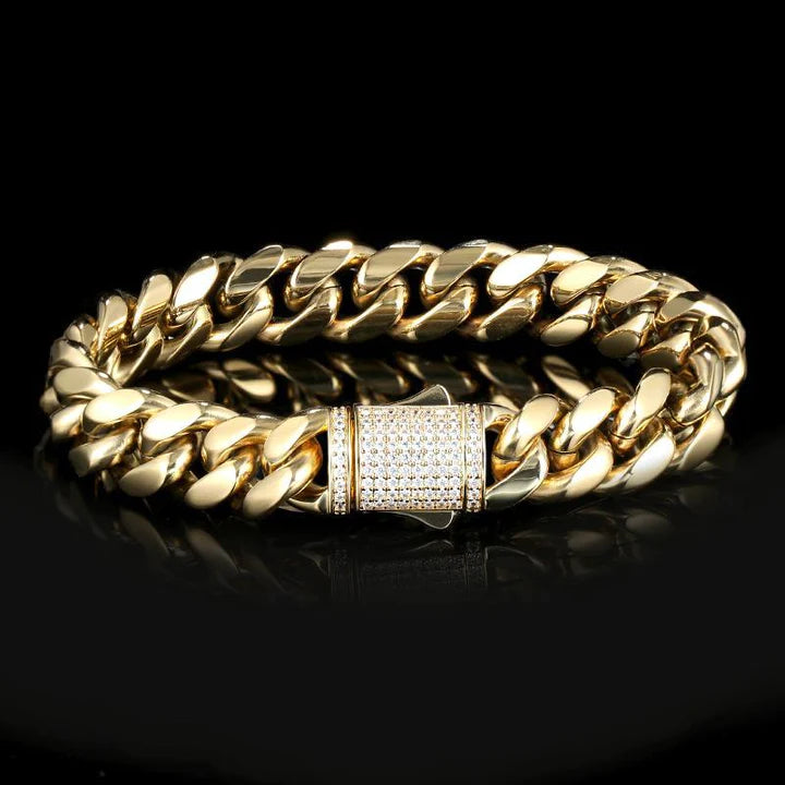 12MM 14K Gold Plated Iced Out Clasp Miami Cuban Link Chain And Bracelet Set Tripodjewelry