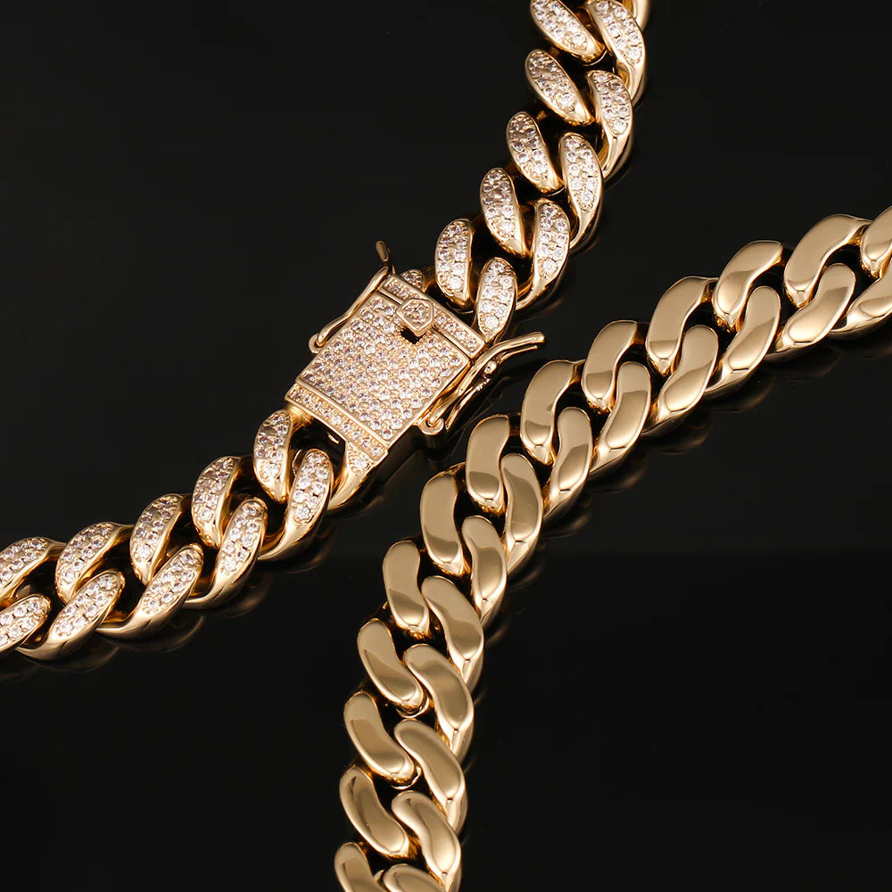 12MM 14K Gold Plated Iced Out Cuban Link Chain TRIPOD JEWELRY