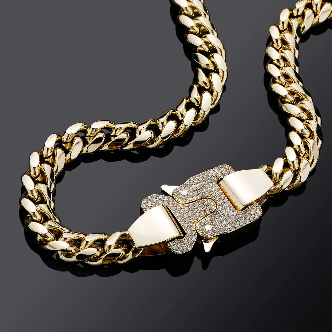 12MM 14K Gold Roller Coaster Buckle Miami Cuban Link Chain Necklace TRIPOD JEWELRY
