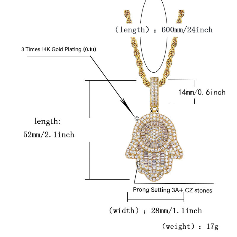 18K Gold Baguette Iced Out Hamsa Hand Pendant Hip Hop Tripodjewelry
