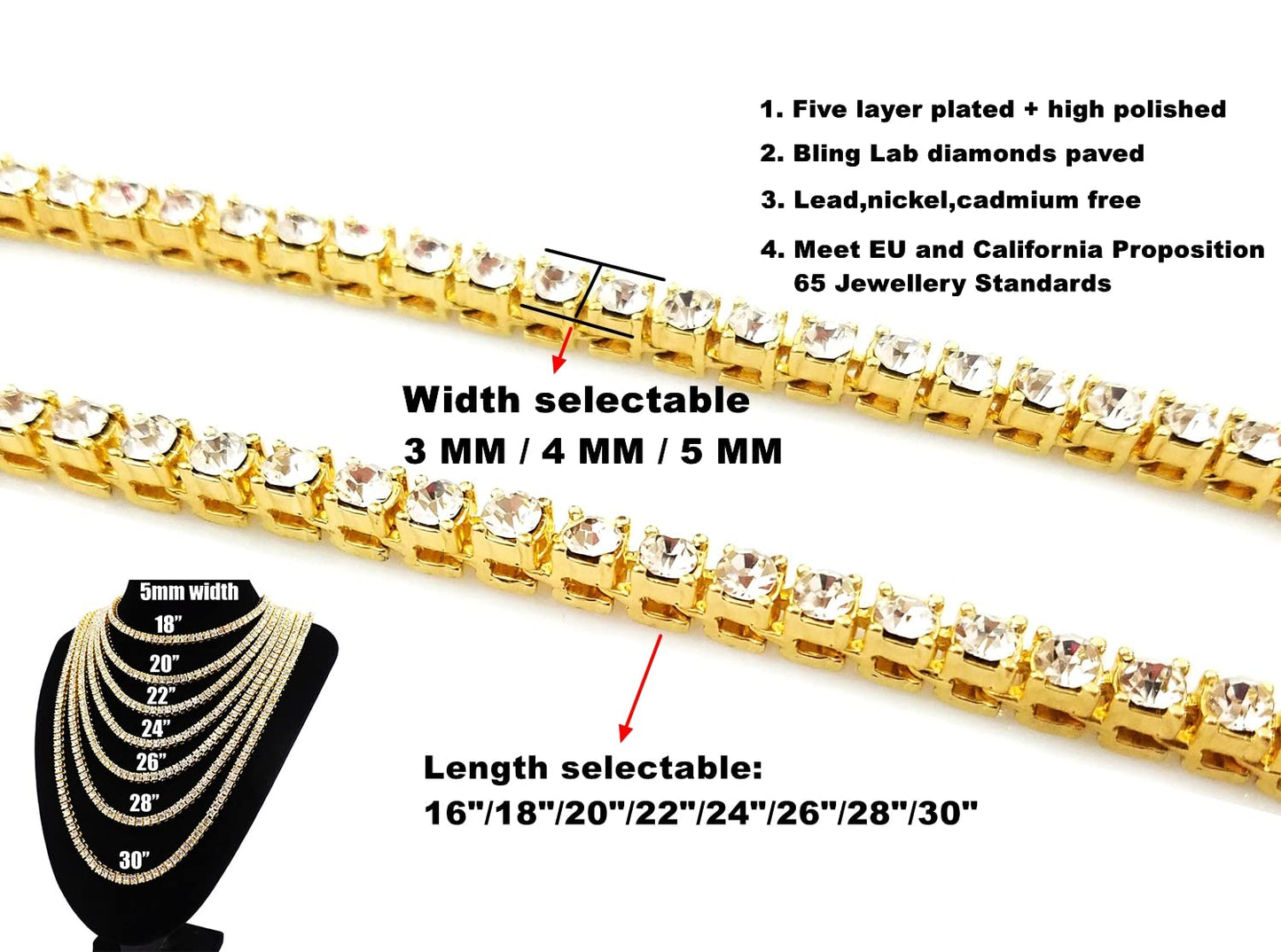 3/4/5MM 14K Gold Iced Out Diamond Tennis Chain 18-30 Inches Necklace for Men and Women TRIPOD JEWELRY
