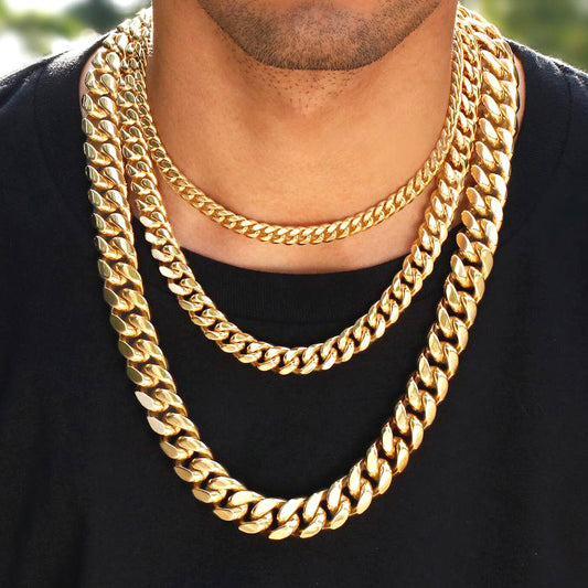 8/10/12MM 18K Gold Plated Iced Out Clasp Miami Cuban Link Chain & Bracelet Set TRIPOD JEWELRY