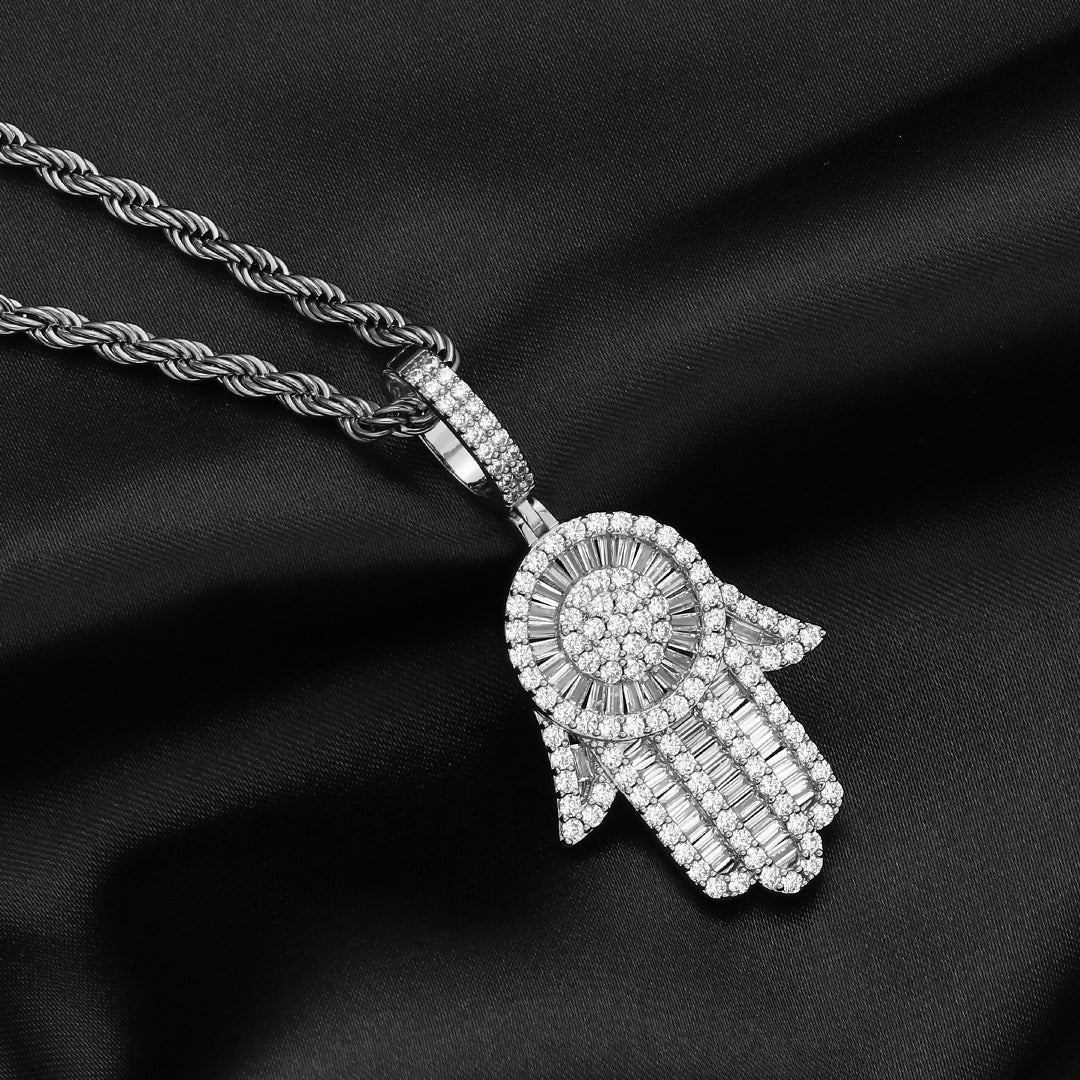 White Gold Baguette Iced Out Hamsa Hand Pendant Tripodjewelry