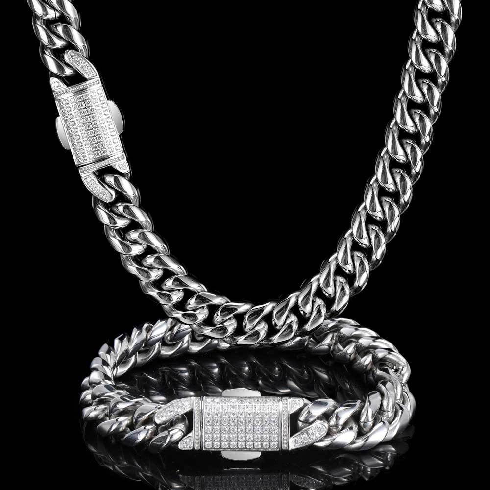 12MM 18K/White Gold Iced Out Clasp Miami Cuban Link Chain Neclace TRIPOD JEWELRY