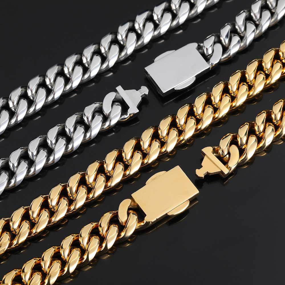12MM 18K/White Gold Miami Cuban Link Chain Necklace and Bracelet Set Iced Out Cross Clasp TRIPOD JEWELRY