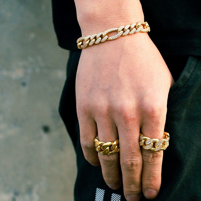 12MM 18K Gold Plated Iced Out Figaro Bracelet TRIPOD JEWELRY