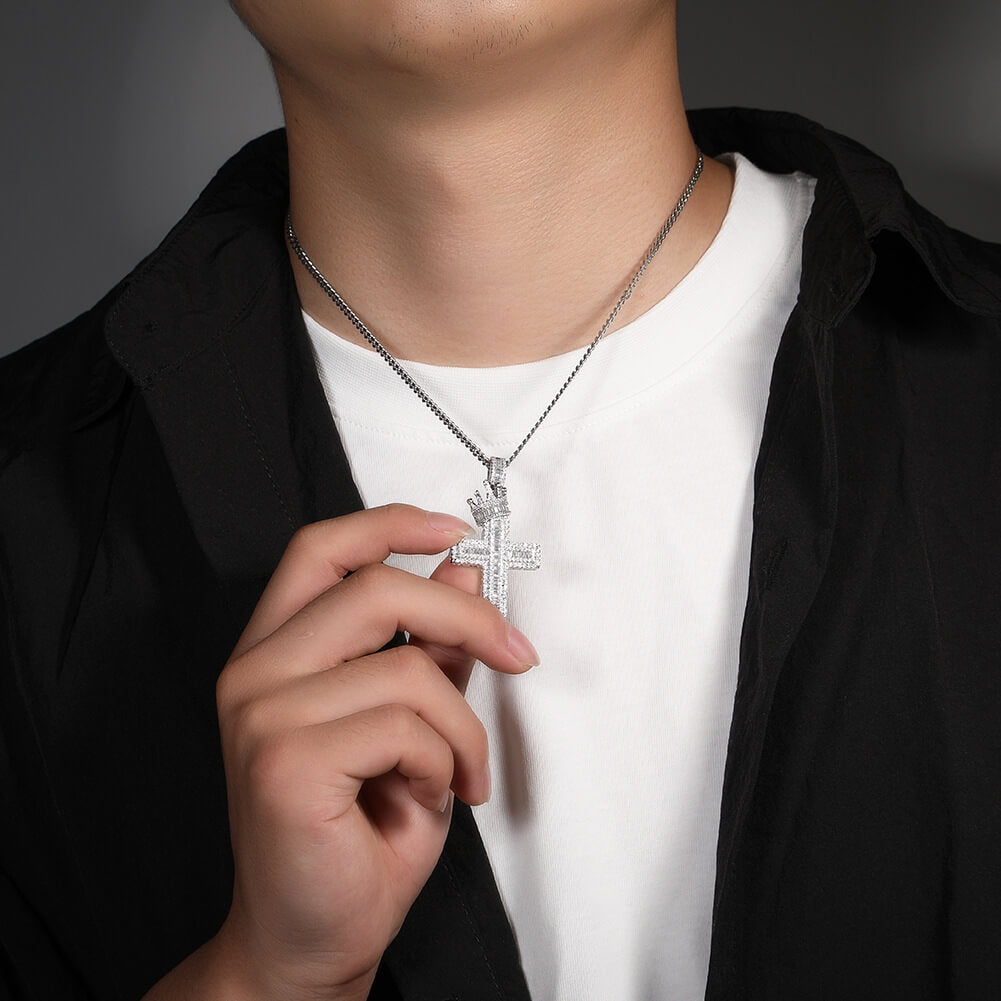 18K/White Gold Iced Out Crown Cross Pendant TRIPOD JEWELRY