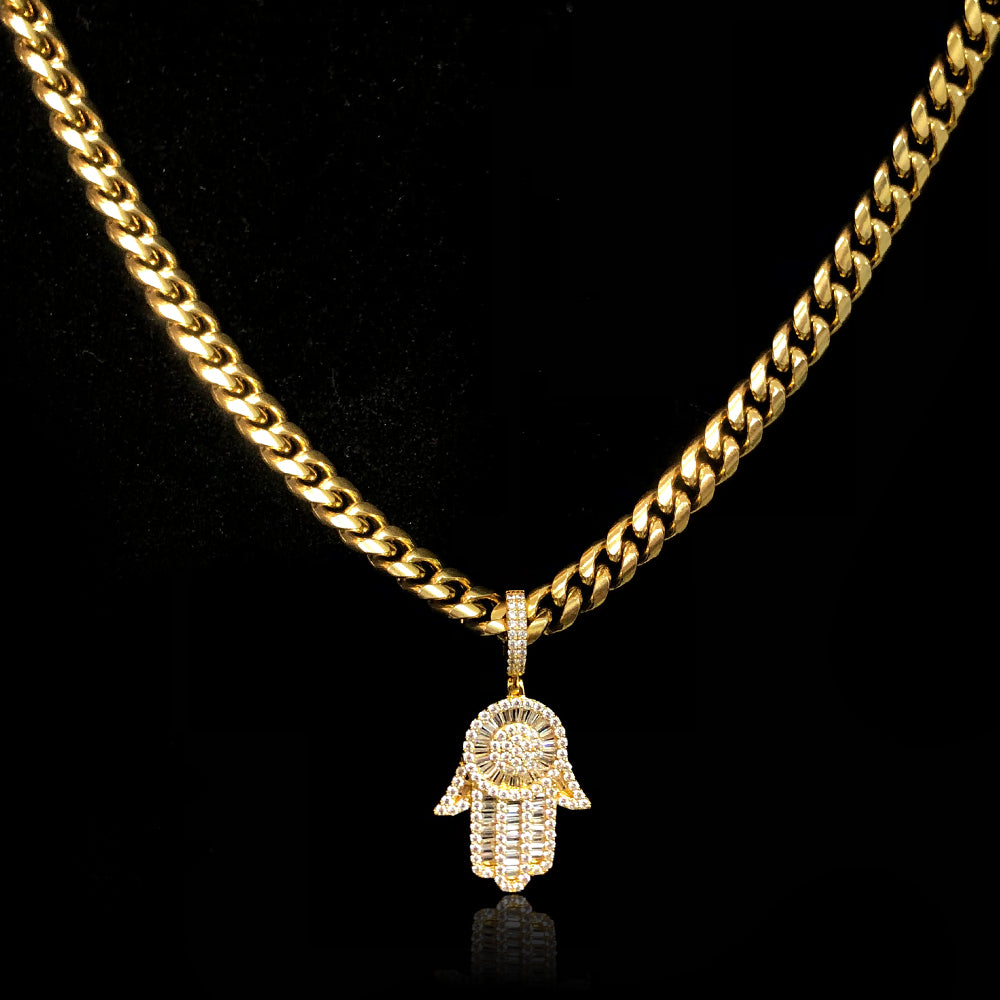 18K Gold Baguette Iced Out Hamsa Hand Pendant TRIPOD JEWELRY