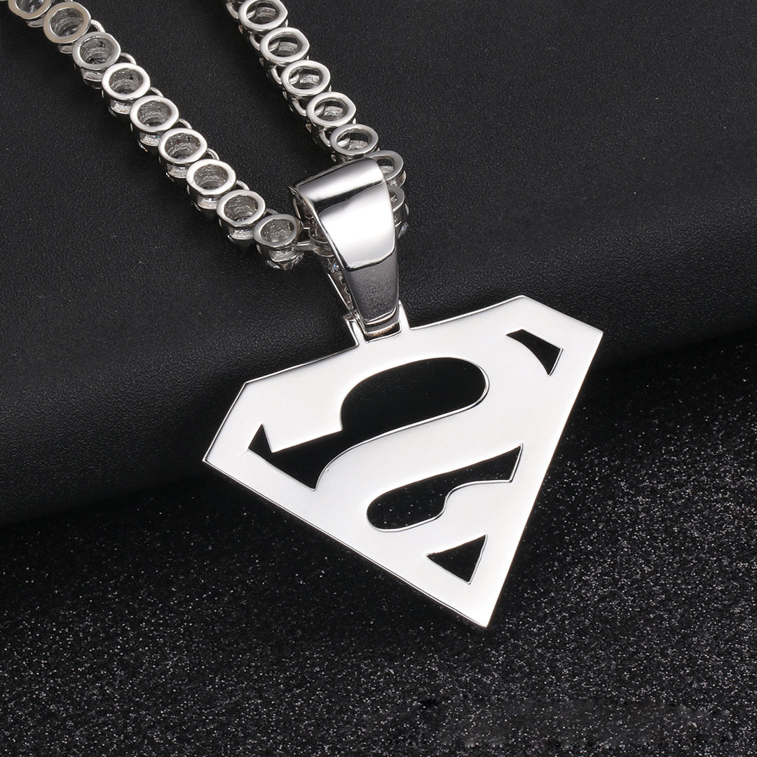 White Gold Iced Out Superman Pendant Stainless Steel Franco Chain Necklace Tripodjewelry
