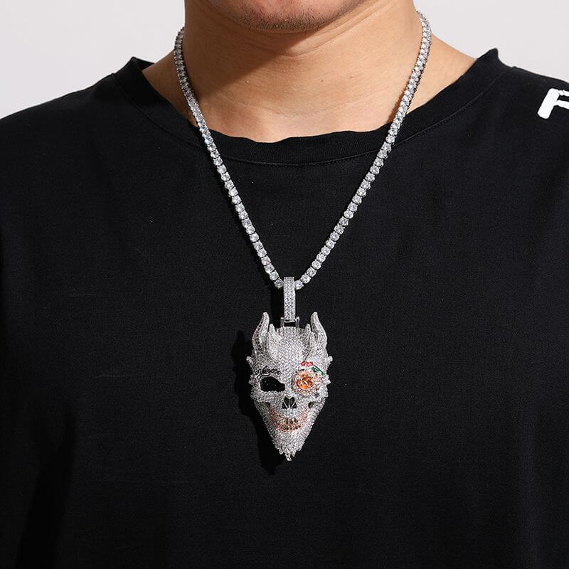 White Gold Iced Out Diamond Rose Skull Pendant Necklace Tripodjewelry