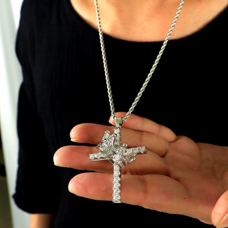Hip Hop Crown Zirconia 14K Gold Cross Pendant Tripodjewelry