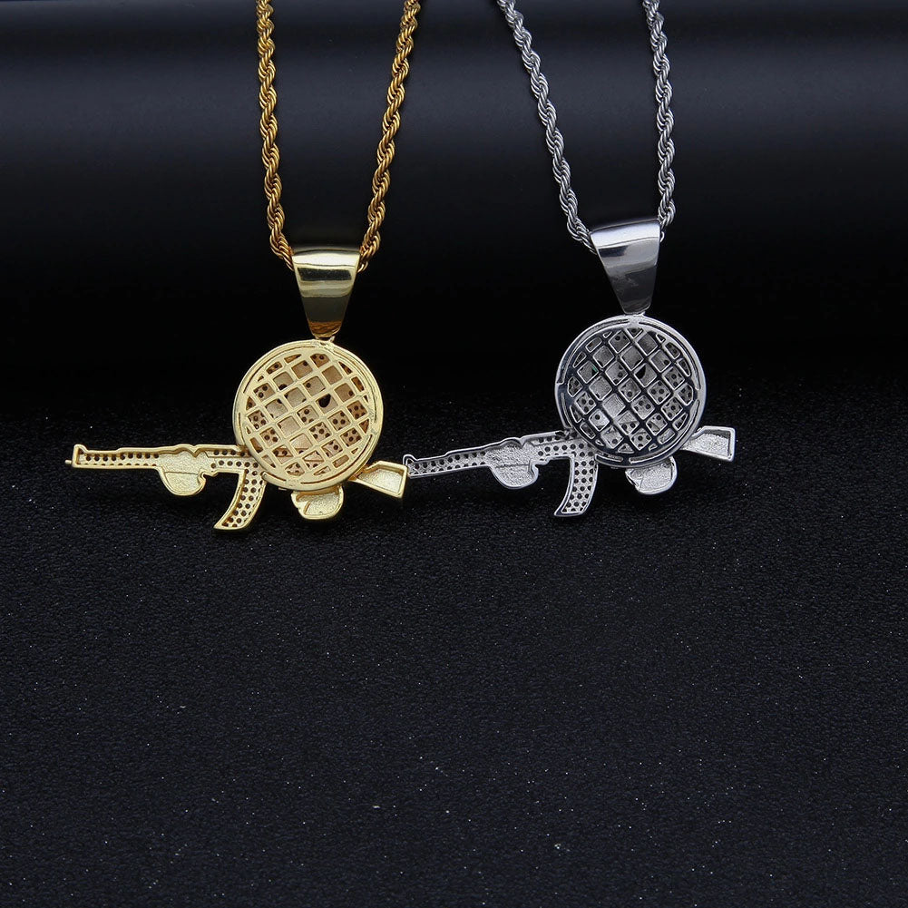 White Gold Iced Emiji Face with Gun Pendant Tripodjewelry
