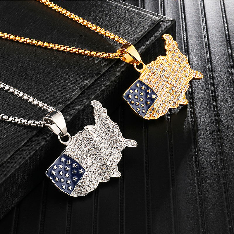 18K Gold Iced Out America Map Pendant Neckalce Tripodjewelry