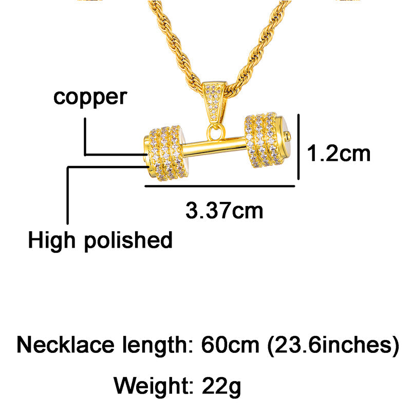 18K Gold Iced Barbell Gym Fitness Dumbbell Pendant Tripodjewelry