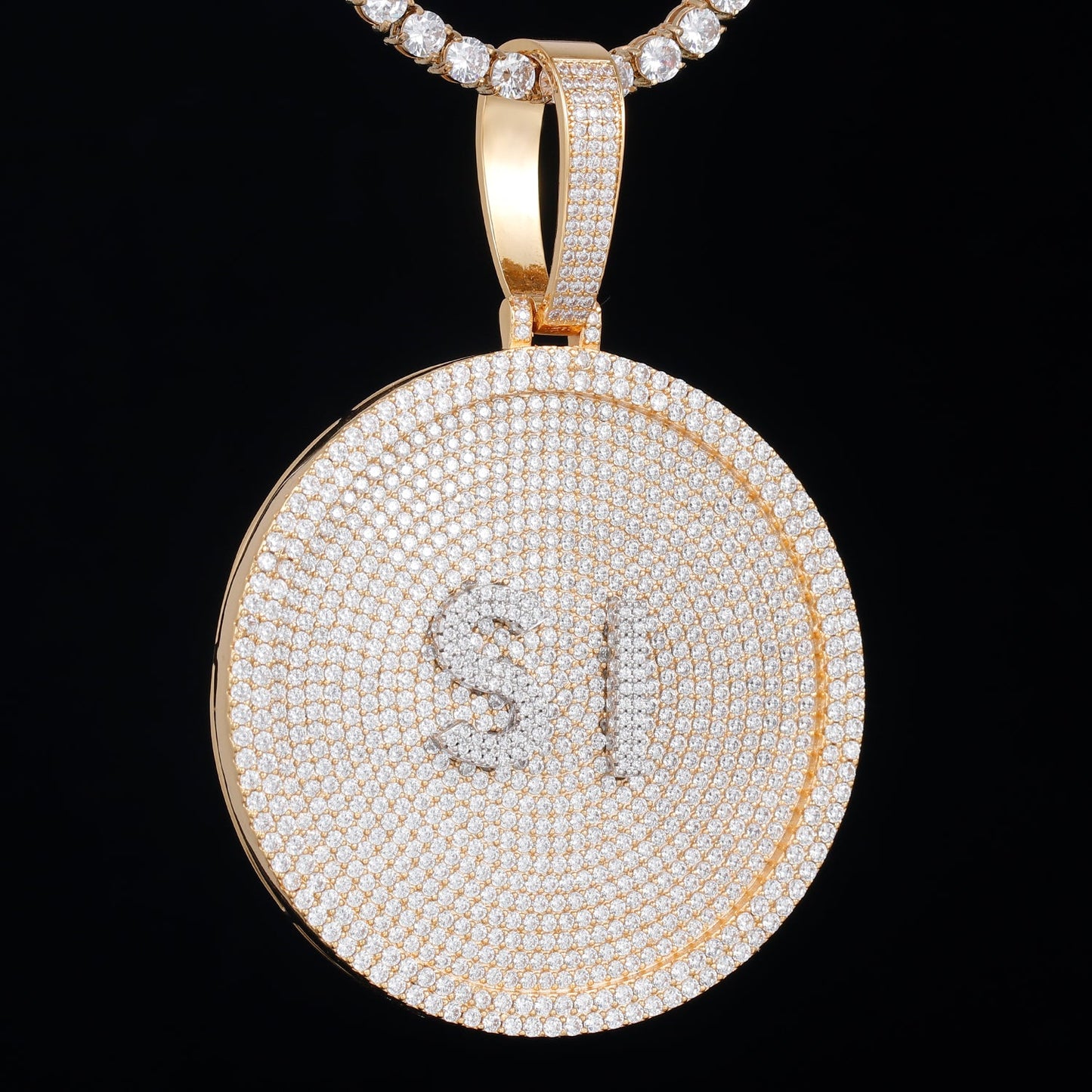 14K Gold Disc Pendant Set With Diamonds - Customised Small Letters TRIPOD JEWELRY