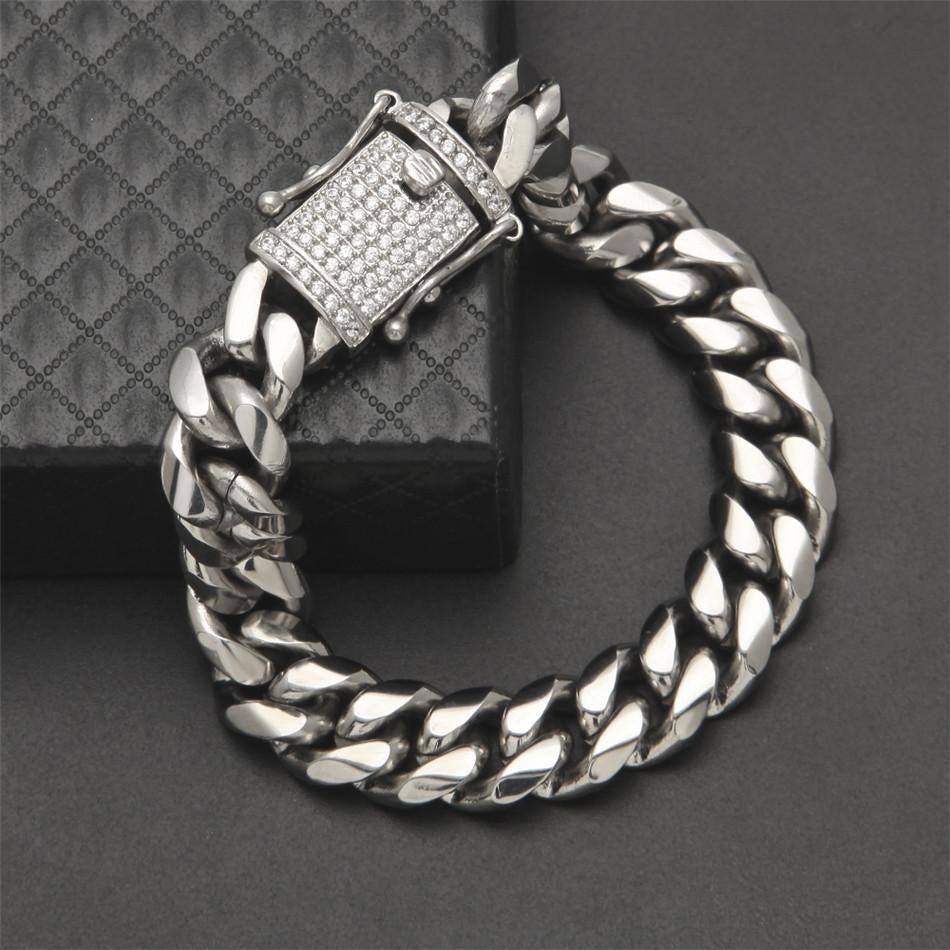 8MM White Gold Plated Stainless Steel Iced Out Miami Cuban Link Bracelet Tripodjewelry