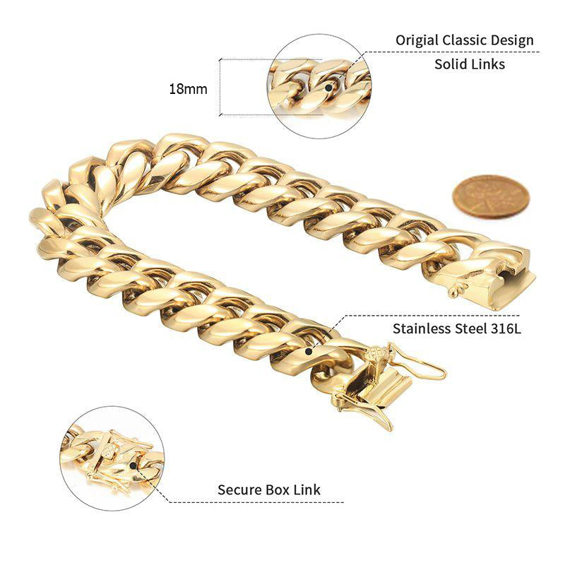 18MM 14K Gold Plated Miami Cuban Link Chain Necklace Stainless Steel - Tripodjewelry