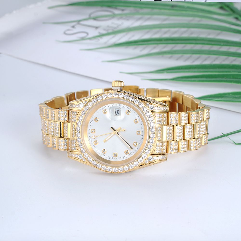 18K Gold Plated White Dial Stainless Steel Iced Out Watch - Tripodjewelry