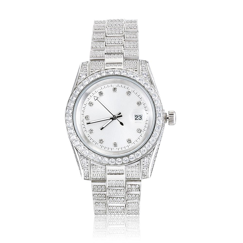 White Gold Plated White Dial Stainless Steel Diamond Watch - Tripodjewelry