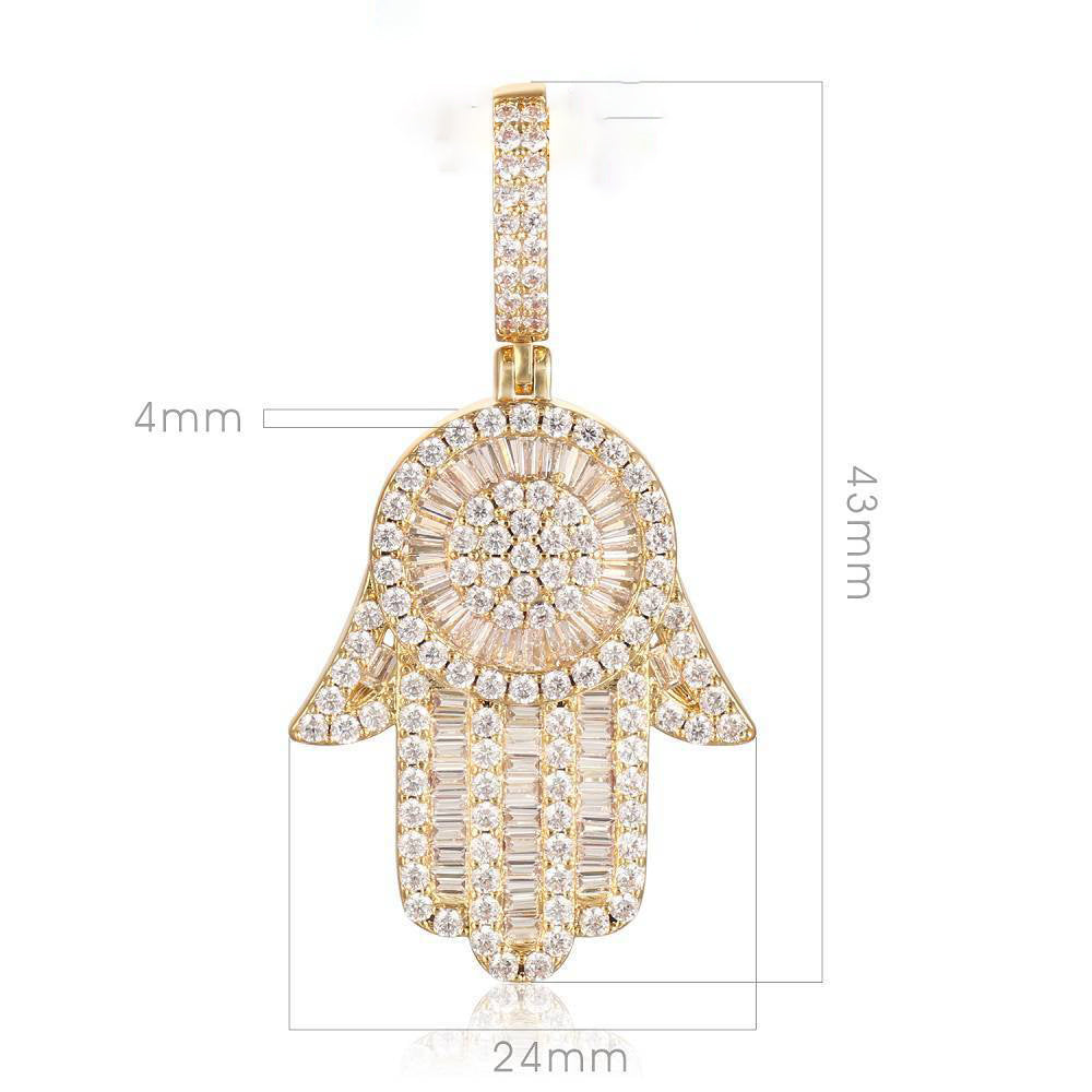 18K Gold Baguette Iced Out Hamsa Hand Pendant Tripodjewelry