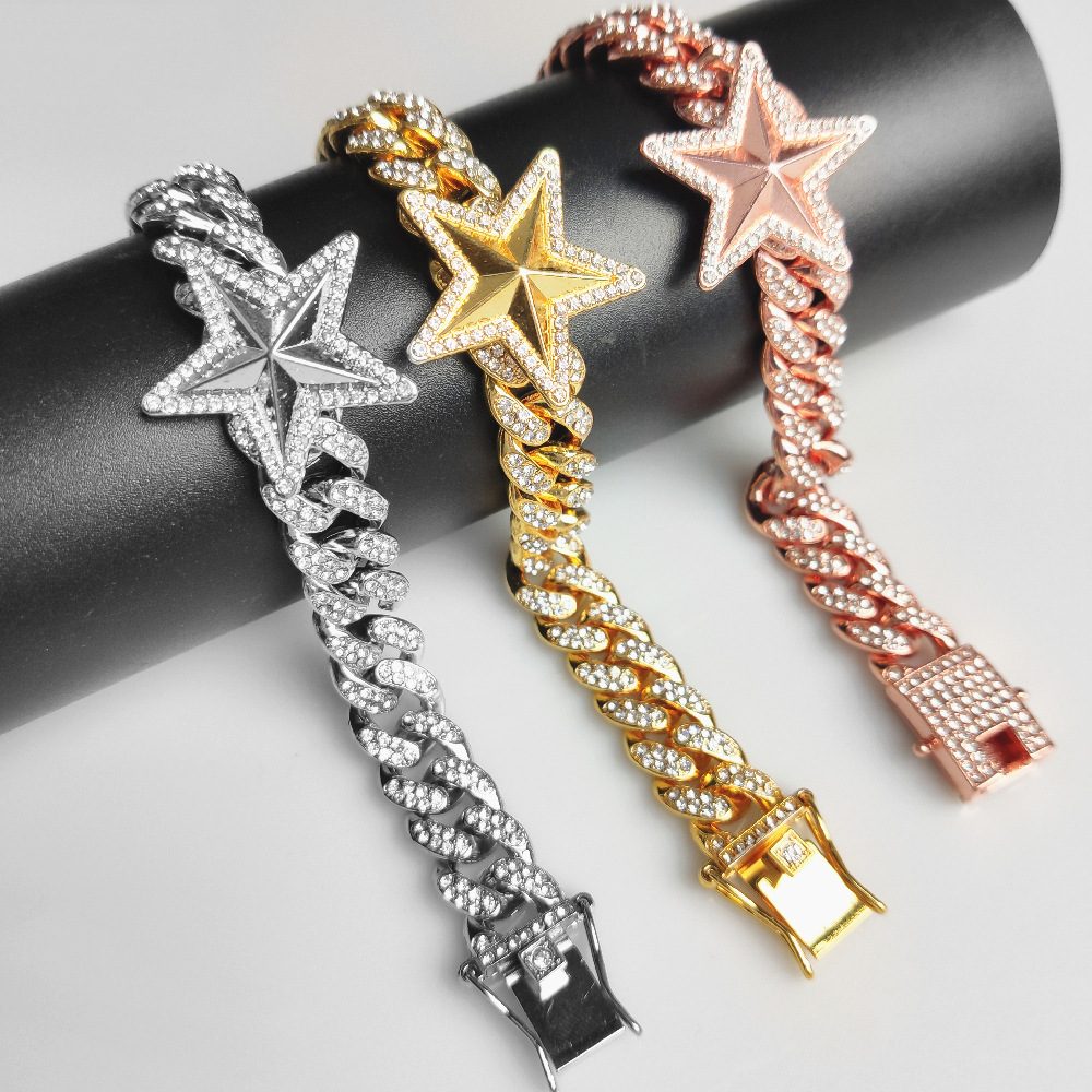 12MM 18K/White/Rose Gold Plated Star Iced Out Cuban Link Chain Necklace Tripodjewelry