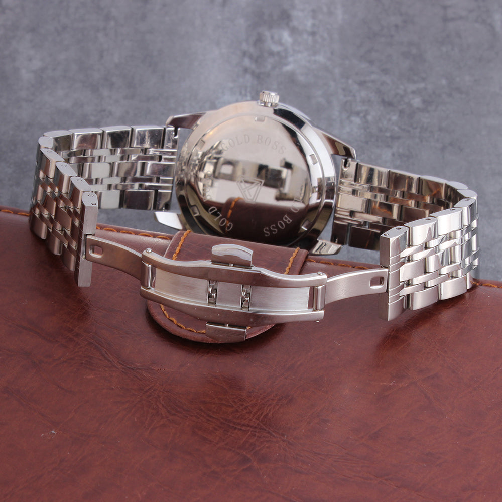 18K Gold Plated Red Dial Stainless Steel Iced Out Watch TRIPOD JEWELRY