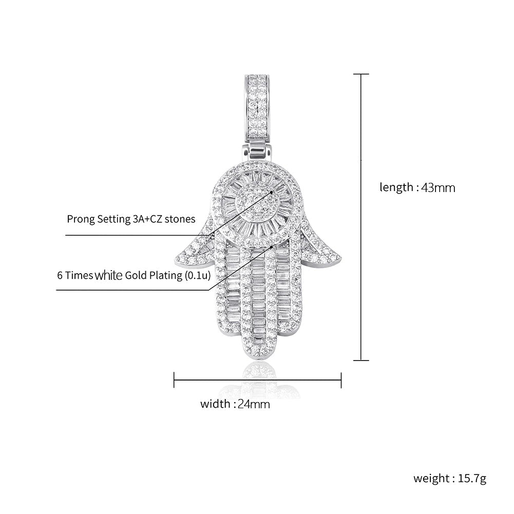 White Gold Baguette Iced Out Hamsa Hand Pendant Tripodjewelry