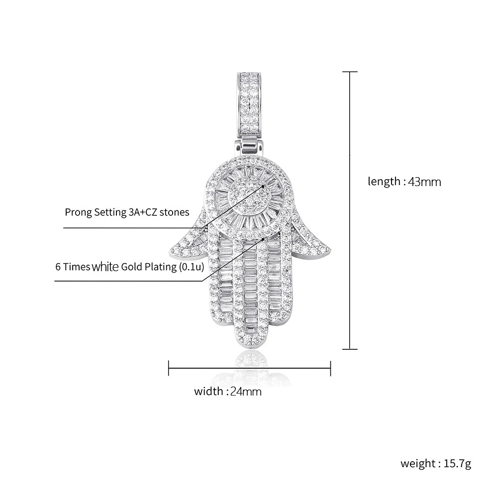 White Gold Baguette Iced Out Hamsa Hand Pendant - Tripodjewelry