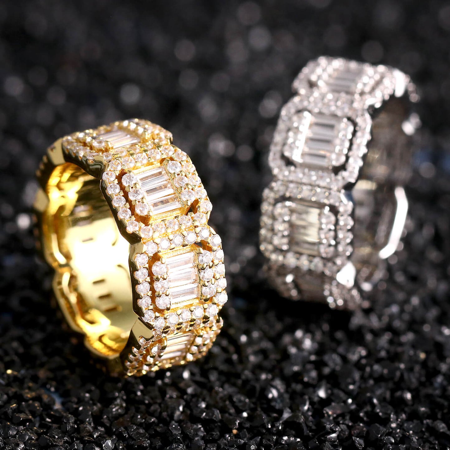 White Gold Iced Out Four Claws Baguette Ring Tripodjewelry