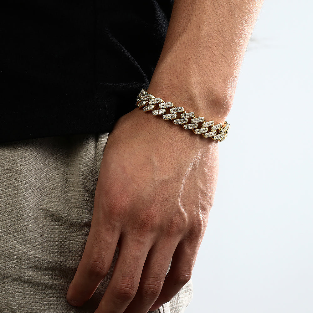 14K Gold Iced Out Prong Cuban Link Bracelet Tripodjewelry