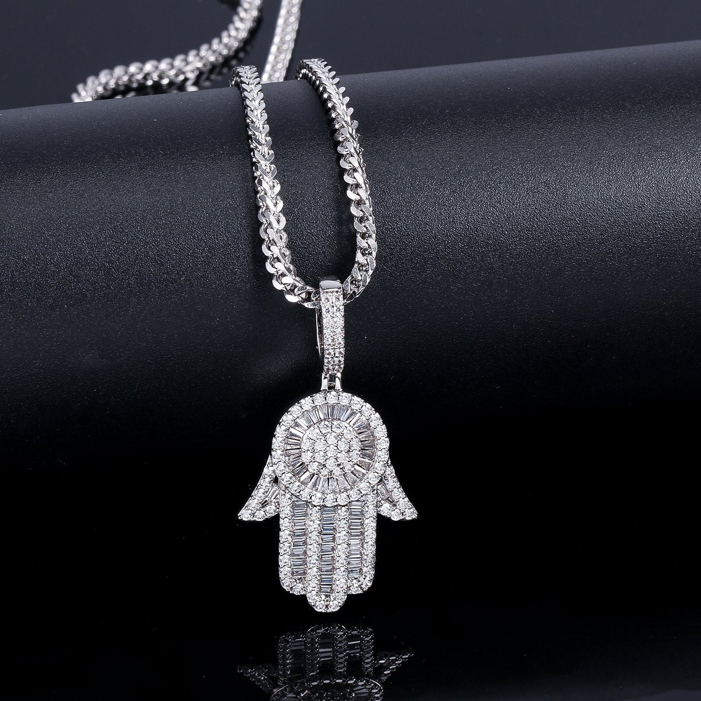 925 Silver Baguette Iced Out Hamsa Hand Pendant Tripodjewelry