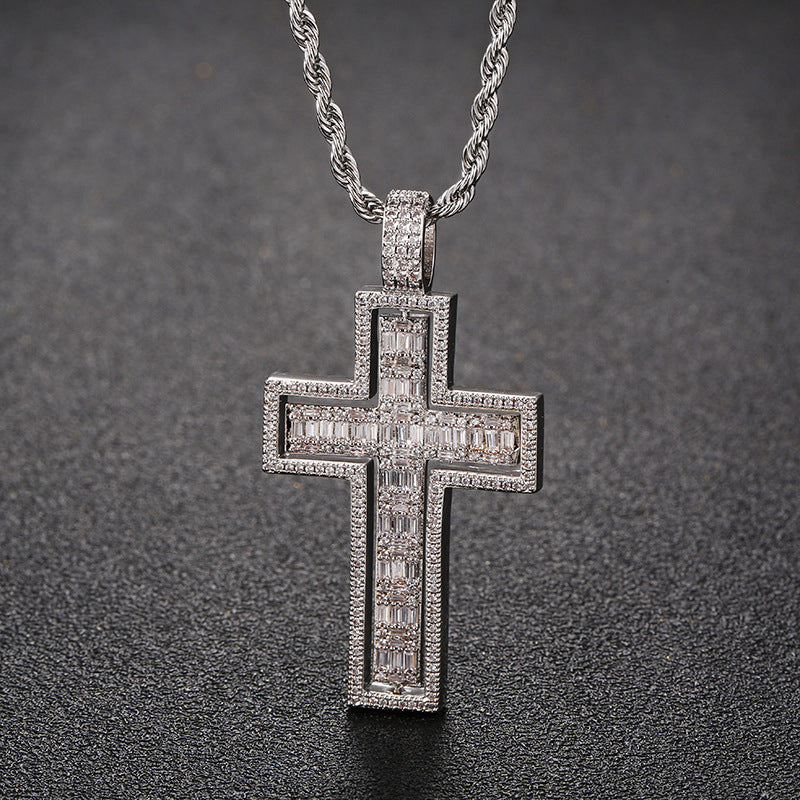 White Gold Iced 2 Sides Cross Pendant Tripodjewelry