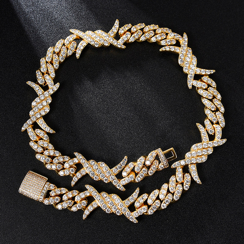Barb Wire Cuban Link Necklace For Men 18K Gold Plated Iced Out TRIPOD JEWELRY