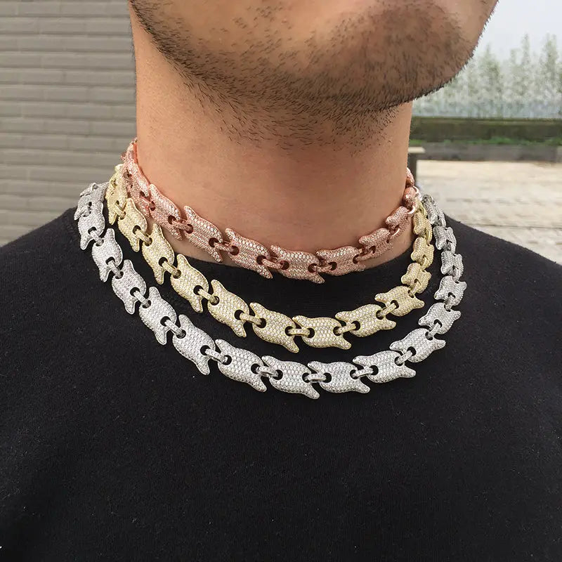 12MM Rose Gold Plated Spiked Iced out Link Chain Necklace - Tripodjewelry