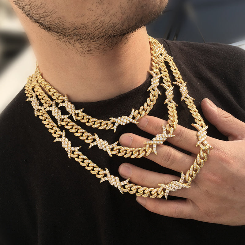 10MM Real 14K Gold Plated Barb Wire Cuban Link Chain Necklace Iced Out TRIPOD JEWELRY