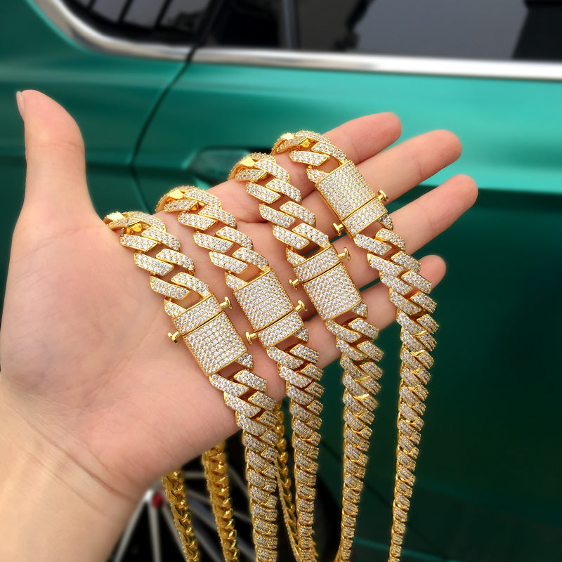 15MM 18K Gold Plated Prong Iced Out Cuban Link Bracelet Tripodjewelry