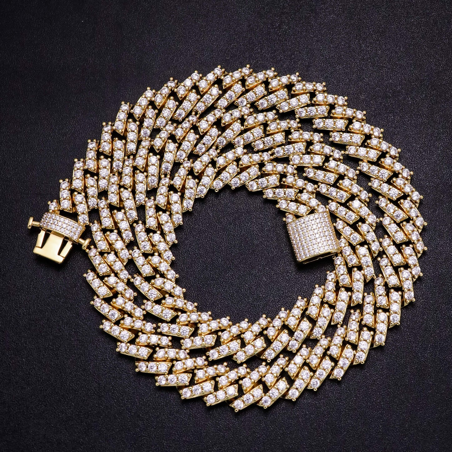 15MM 14K Gold Plated Simulated Iced Out S Link Prong Chain Necklace TRIPOD JEWELRY