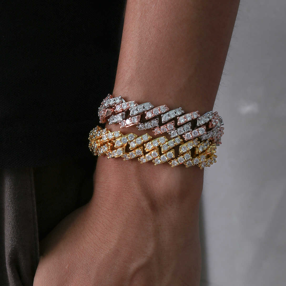 15MM 14K Gold Plated Simulated Iced Out S Link Prong Bracelet - Tripodjewelry