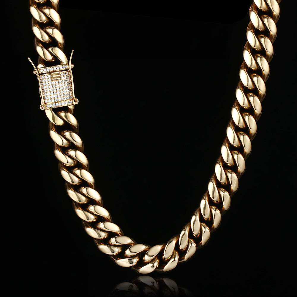 18MM 14K Gold Plated Stainless Steel Iced Out Miami Cuban Link Chain Necklace Tripodjewelry