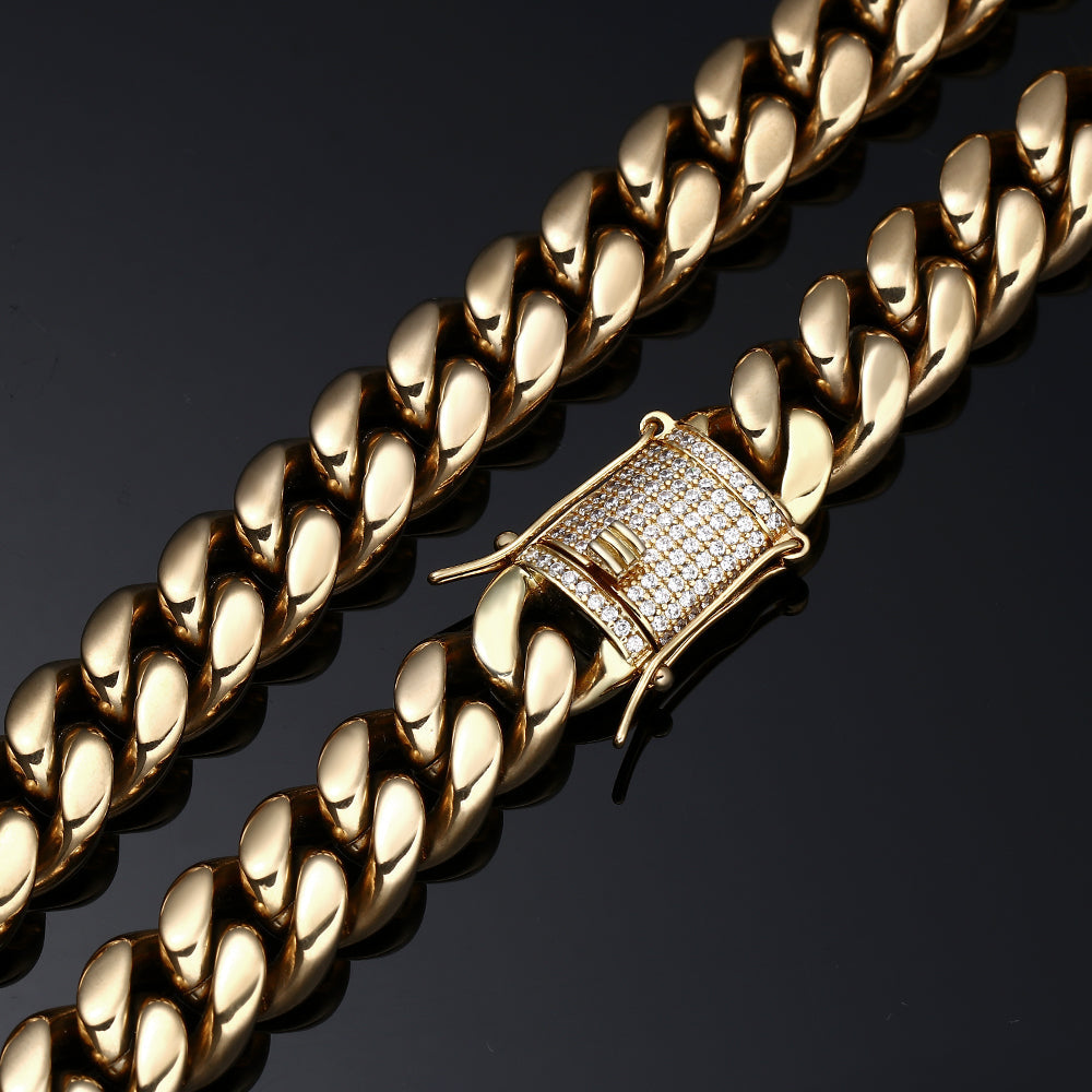 16MM 14K Gold Plated Stainless Steel Iced Out Miami Cuban Link Chain Necklace Tripodjewelry
