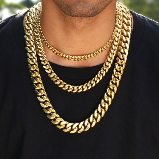 14K Gold Plated Iced Out Clasp Mens Miami Cuban Link Chain Necklace Stainless Steel 6-14MM Tripodjewelry