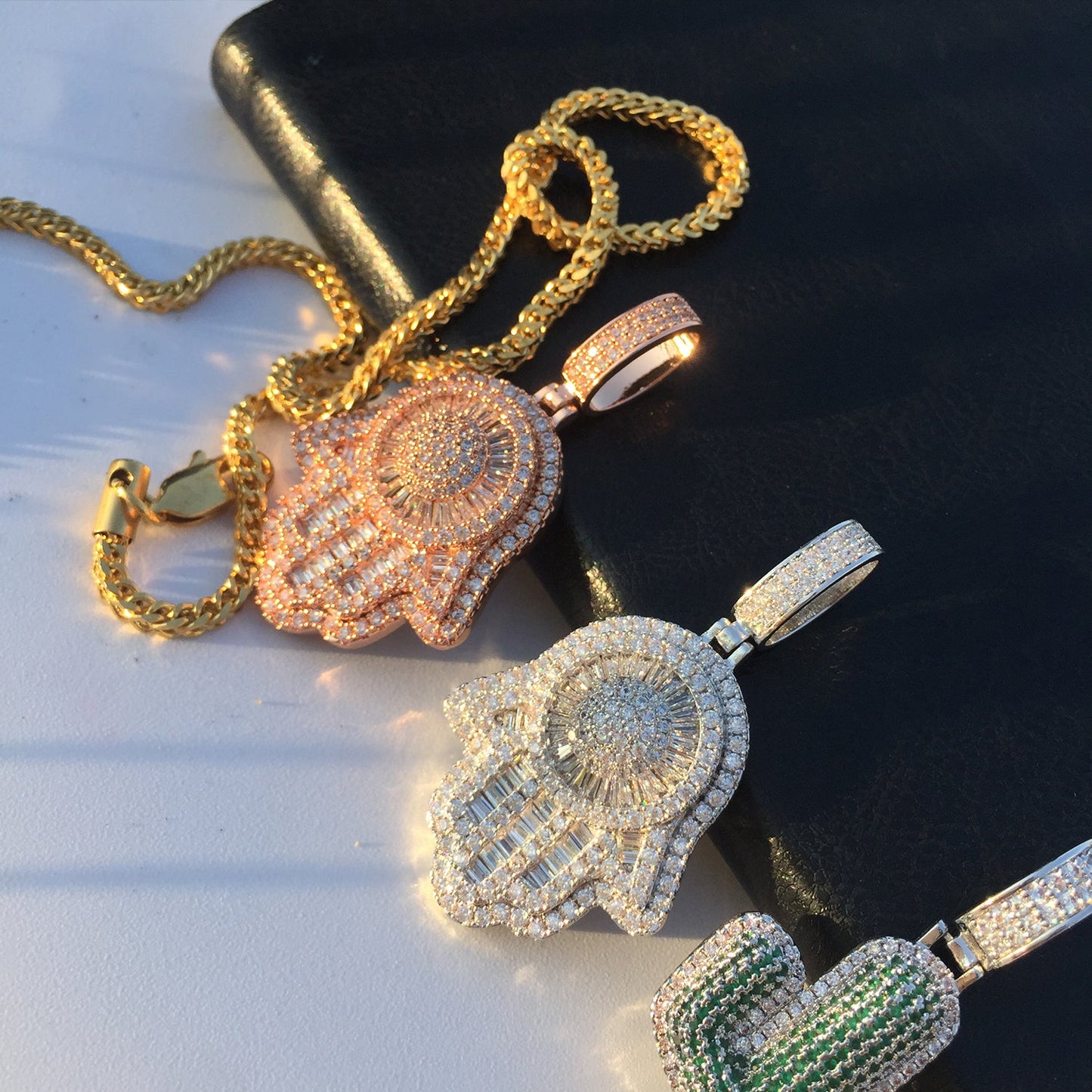 Rose Gold Baguette Iced OutHamsa Hand Pendant Tripodjewelry