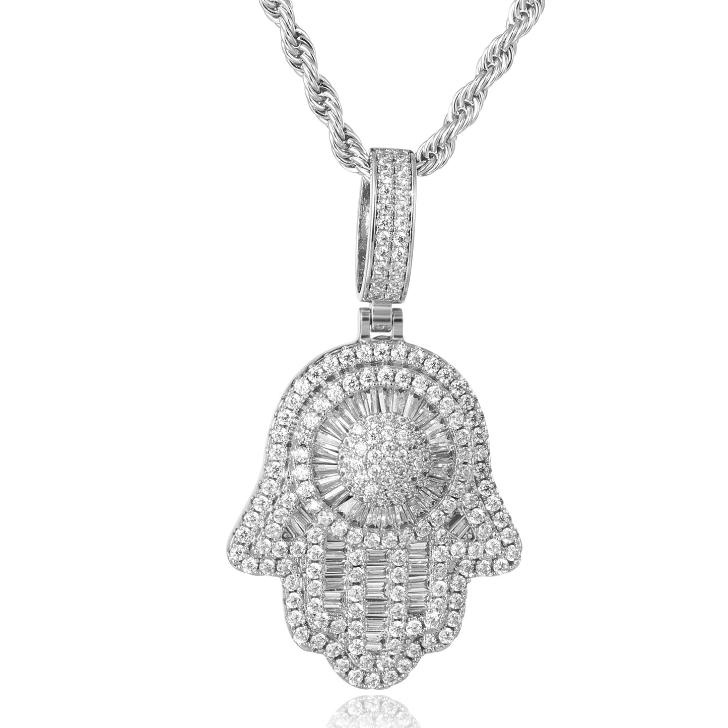 White Gold Baguette Iced Out Hamsa Hand Pendant Tripodjewelry