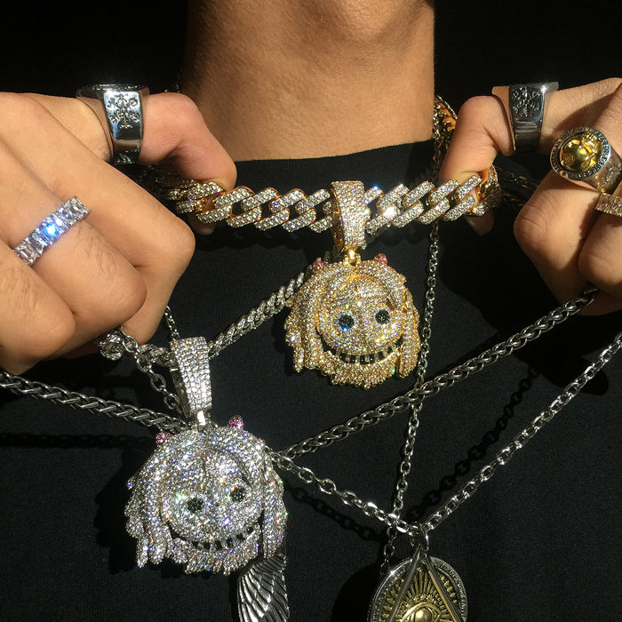 White Gold Large Iced Out Emoj Pendant Fit 18mm Chain - Tripodjewelry