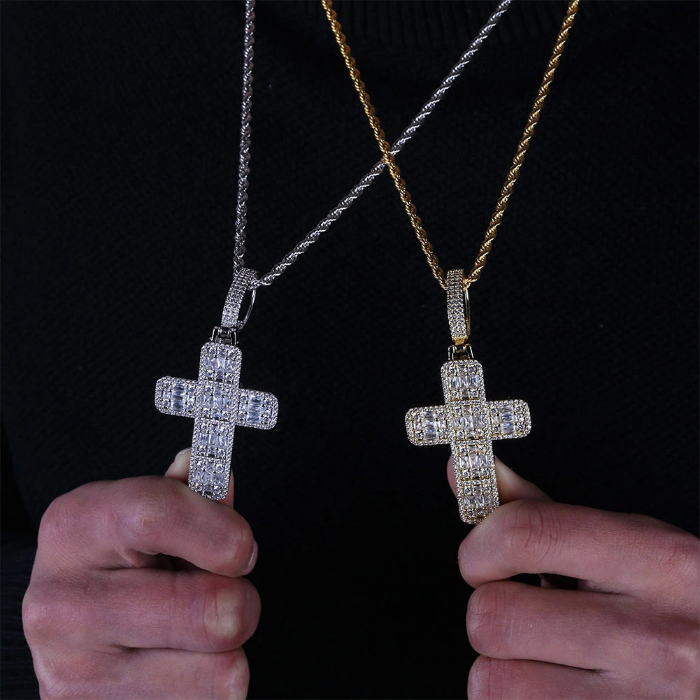 18K Gold Iced Baguette Cross Pendant Tripodjewelry