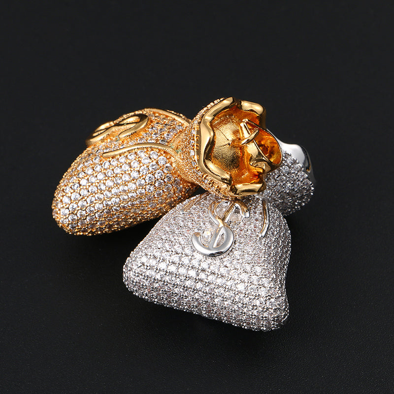 18K Gold Iced Out Money Bag Pendant Tripodjewelry